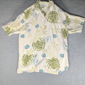 Tommy Bahama Shirt Mens Medium Tan Button Up Silk Hawaiian Floral Short Sleeve